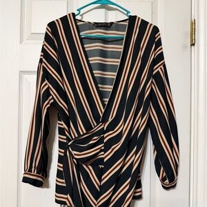 Zara Black and Tan Striped Wrap Blouse